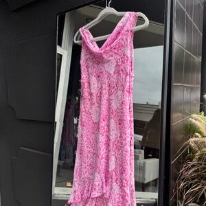 Pink floral midi dress with cowl neckline and ruffle hem #fairycore #cottagecore